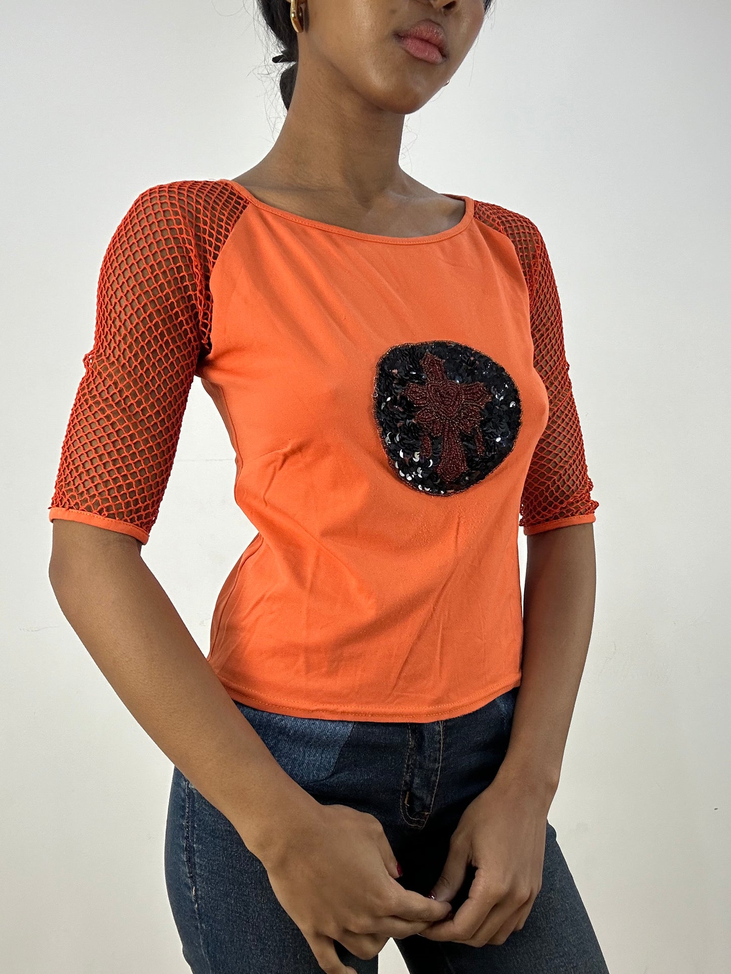 💻HIPPY CHIC DROP | medium orange 3/4 length sleeve top with sequin front and fishnet sleeves