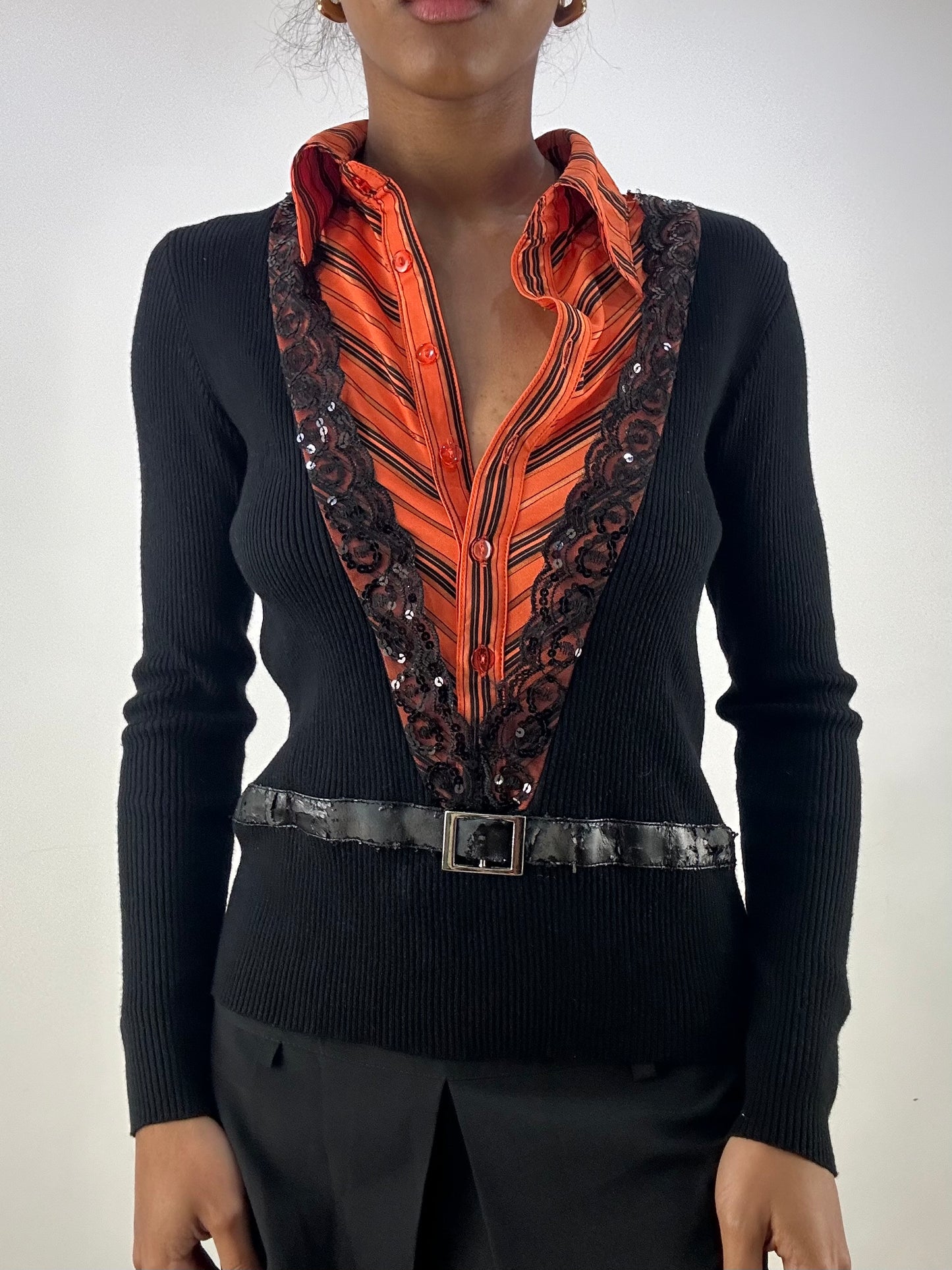 vintage edit: office siren | small black and orange button up top