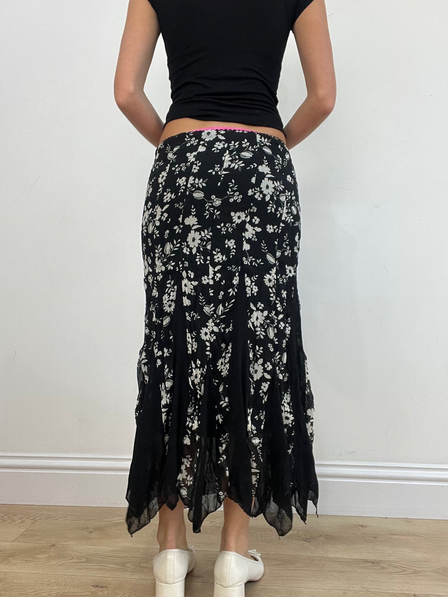 vintage edit one | small black maxi skirt with white flowers