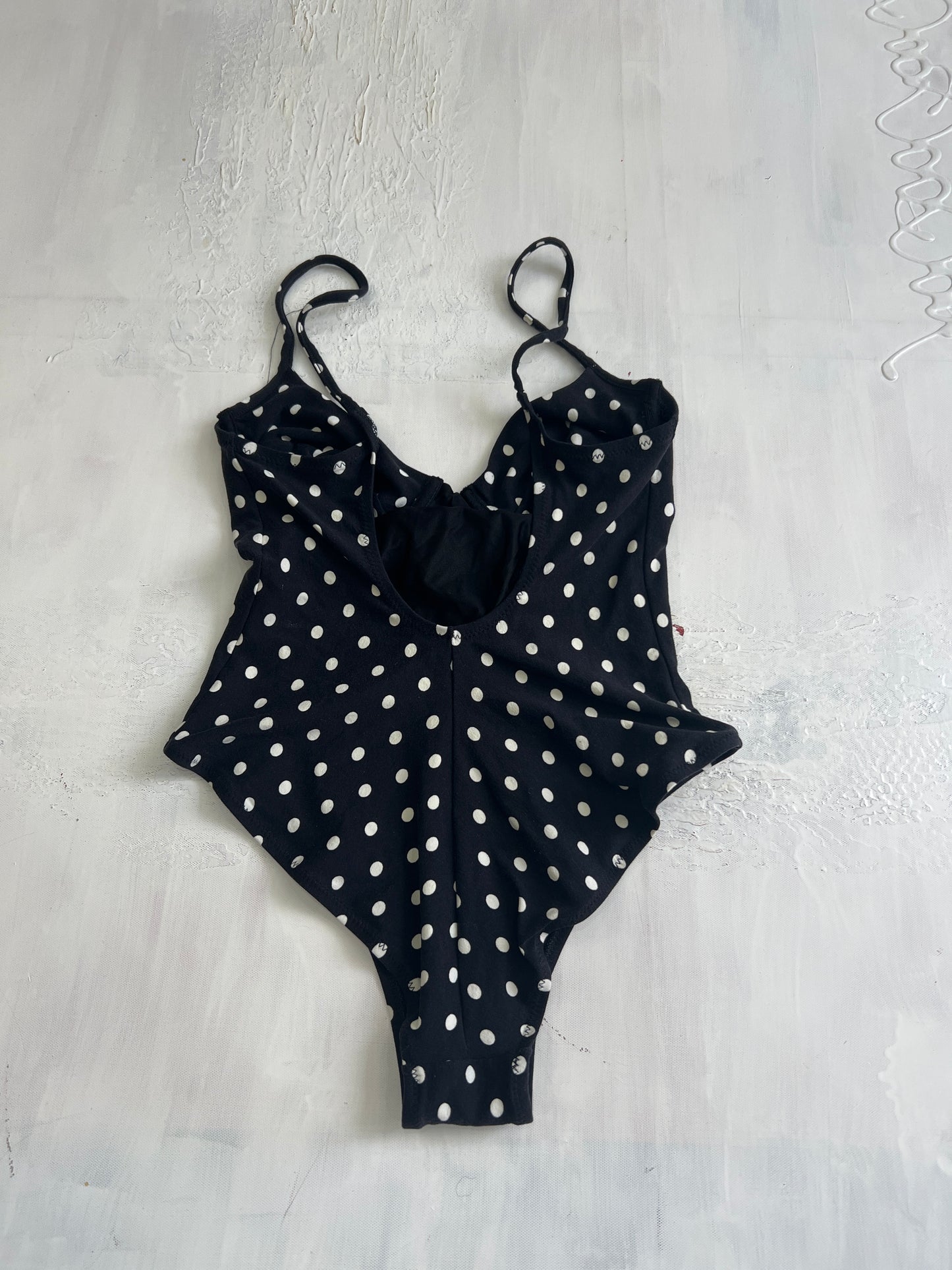 BRITISH SUMMER GIRL DROP | small black and white polka dot swimsuit with scoop back