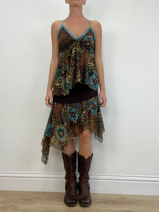 vintage drop 1 | medium brown and blue paisley print cami and skirt set