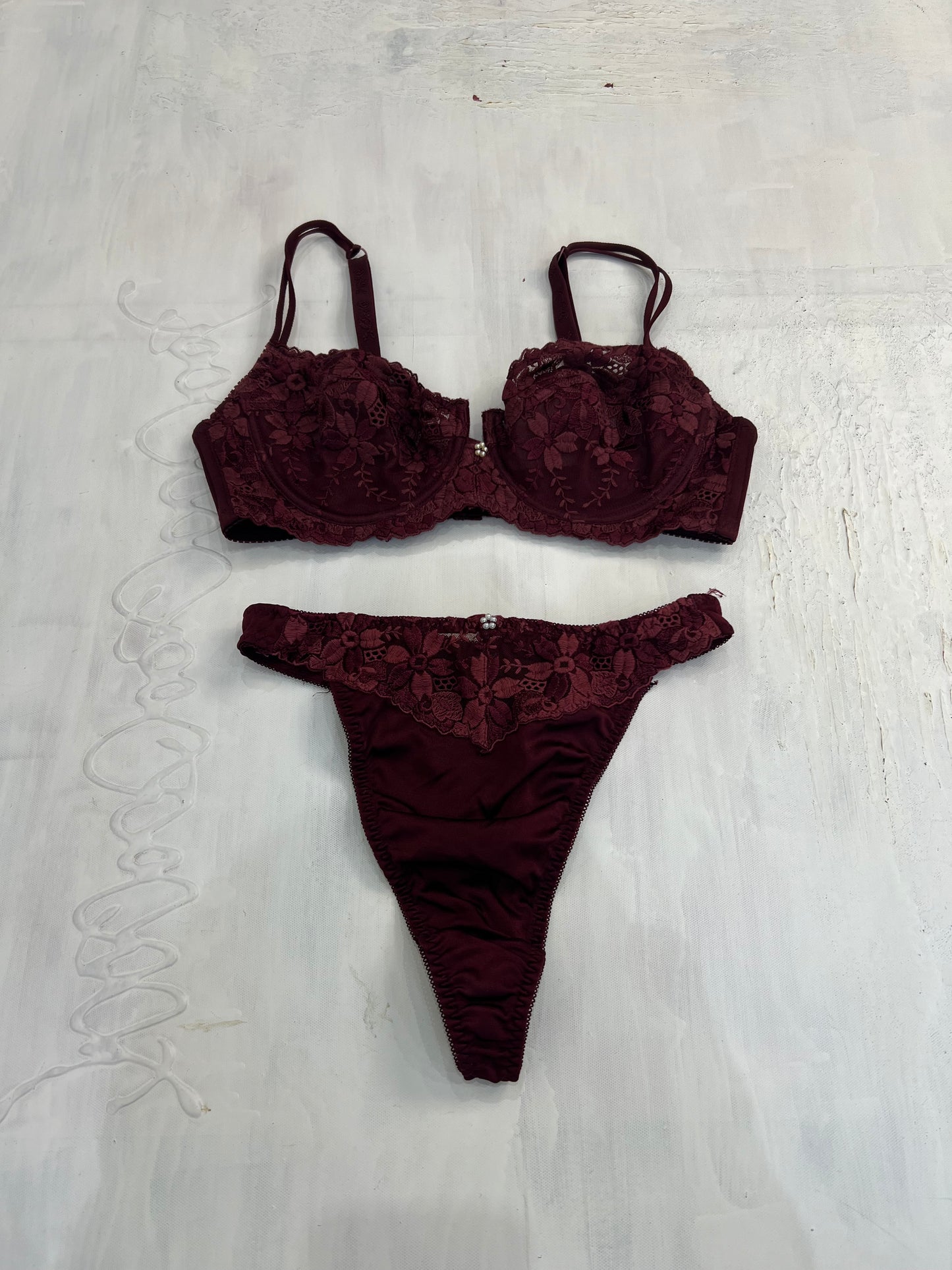 vintage drop 1 | small burgundy floral embroidered bra and thong set