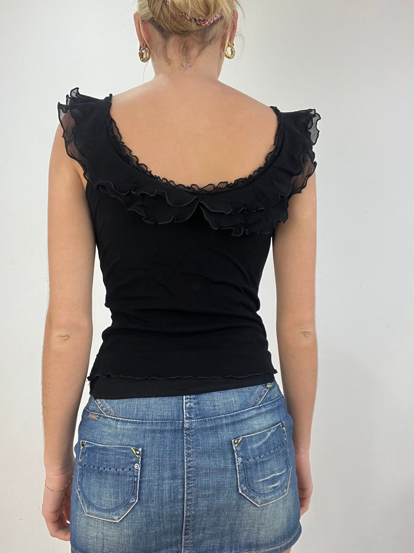 vintage edit six | small black mesh ruffle top