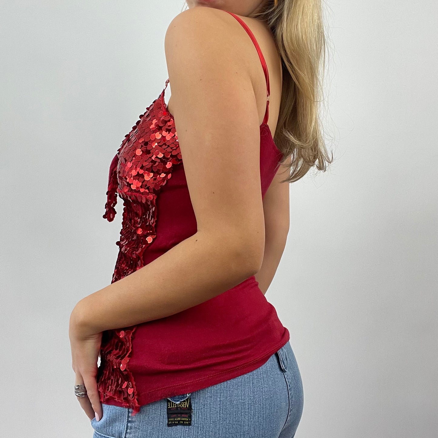 GALENTINES DAY DROP | small red sequin cami top with tie front detail