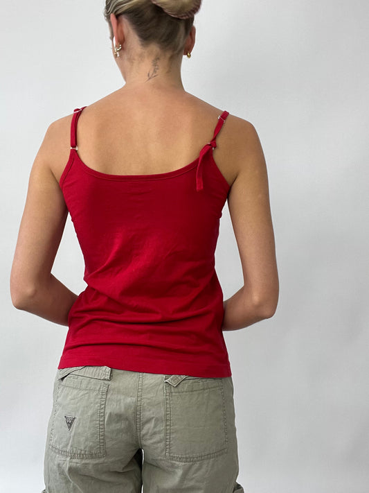 PUB GARDEN DROP | medium red cami with ruffles and buttons