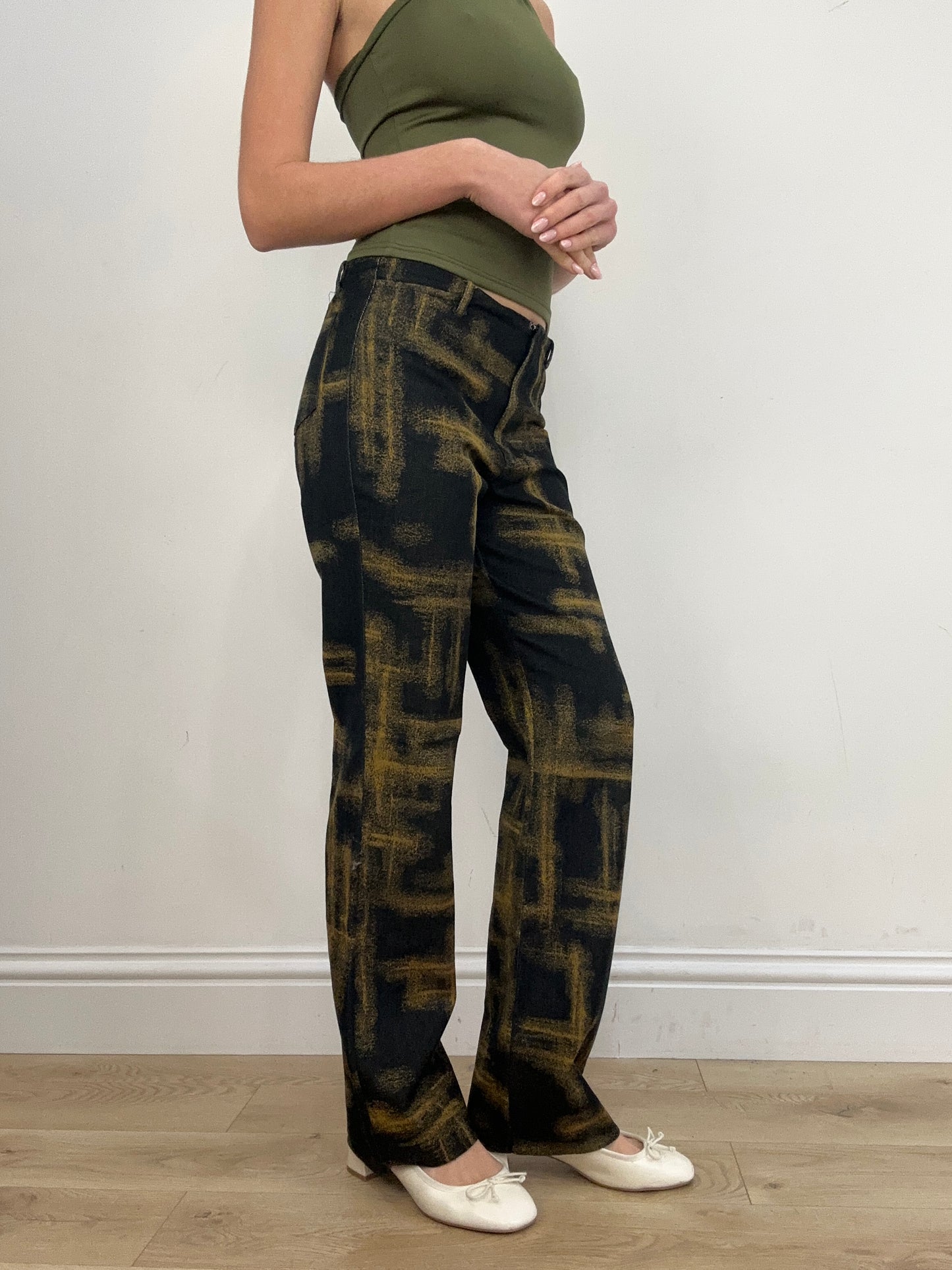 vintage edit six | medium black and green abstract print trousers