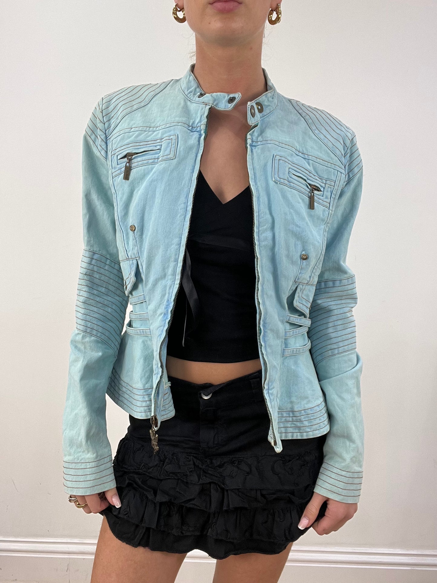 vintage edit seasonal faves | small baby blue roberto cavalli denim biker jacket