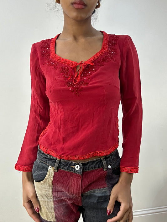 💻 HIPPY CHIC DROP | small red long sleeve top with embellished detail and lace trim