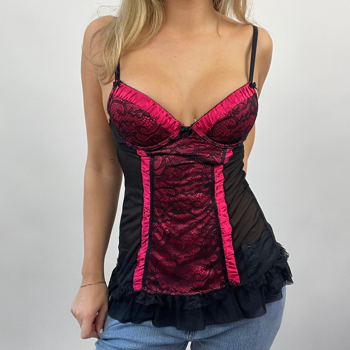 GALENTINES DAY DROP | small black/pink lace corset top