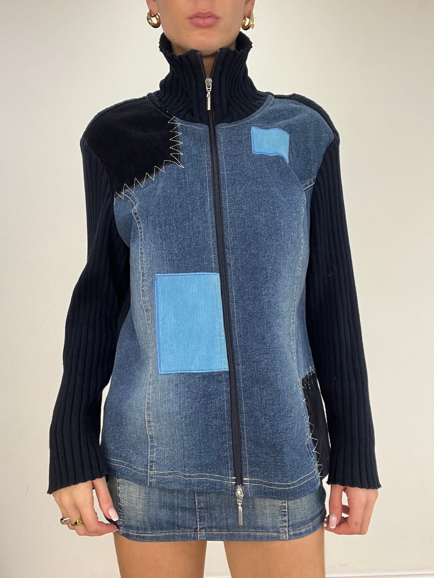 vintage edit five | medium blue denim patchwork dual zip jumper