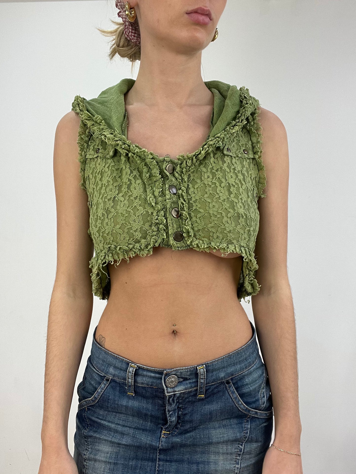 vintage edit six | small lace green hooded cropped top