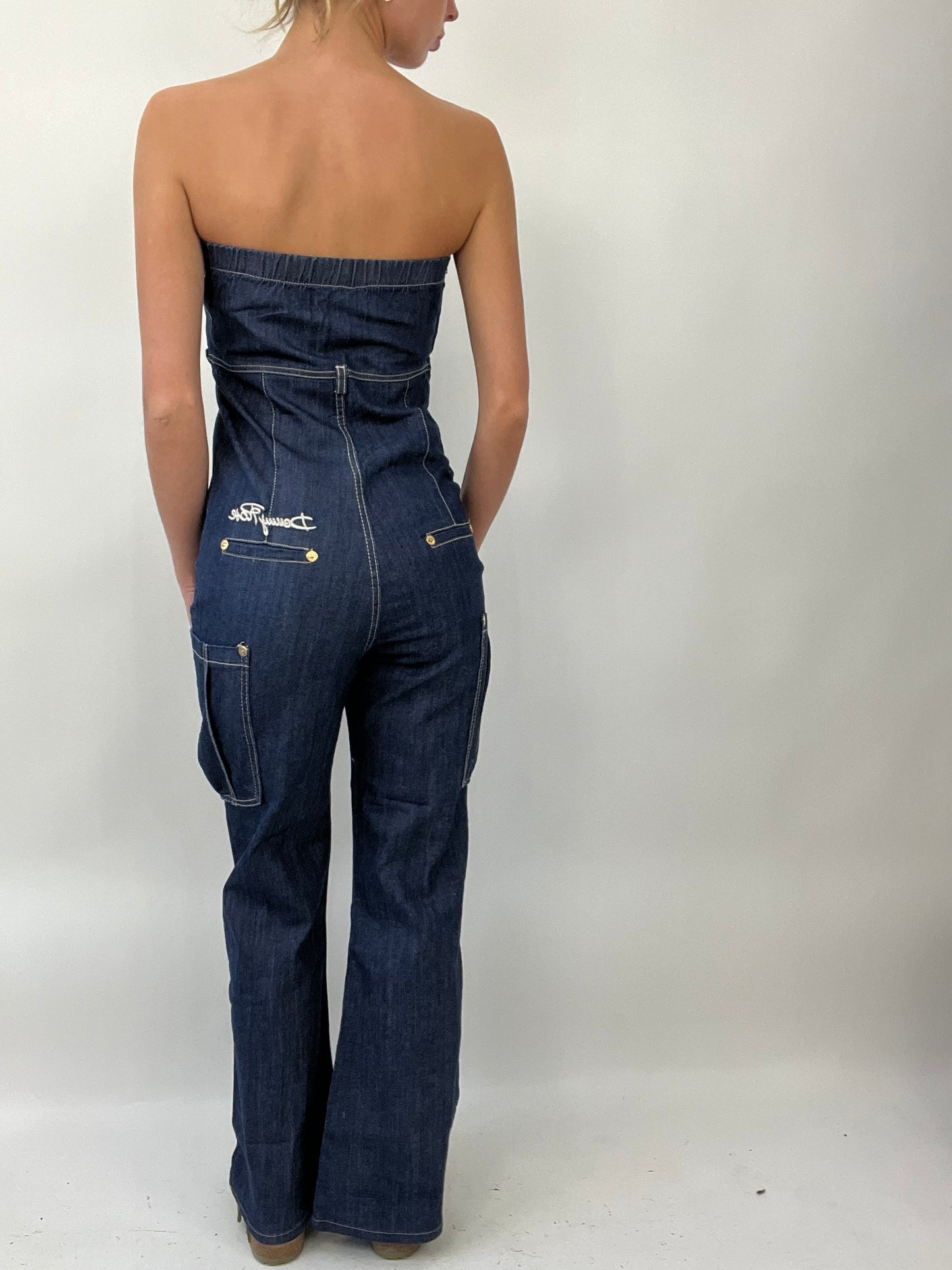 COASTAL COWGIRL DROP | xsmall dark wash denim bandeau jump suit