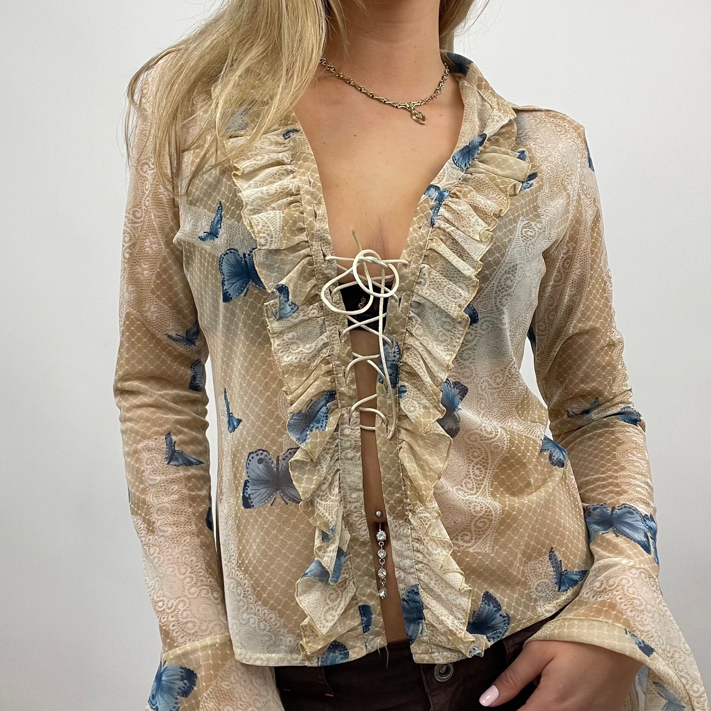 💻 BEST PICKS | small beige mesh sheer lace up shirt with butterfly print
