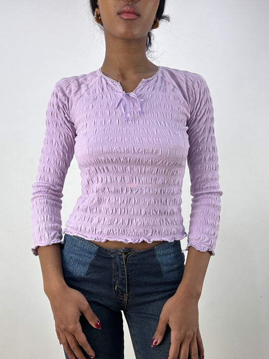 💻 HIPPY CHIC DROP | small purple ruched long sleeve top with tie detail