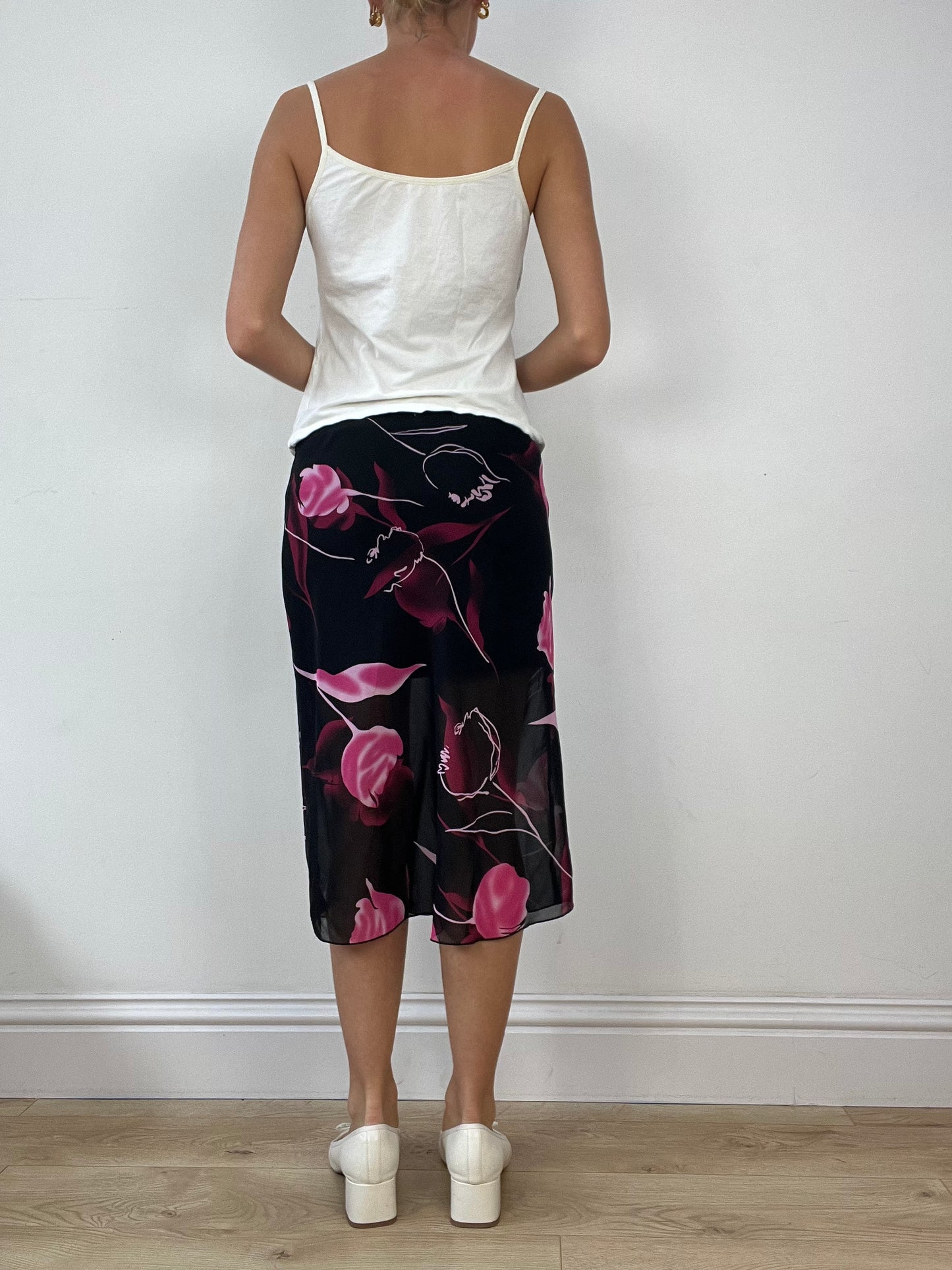 DINNER PARTY | small black semi sheer floral midi skirt