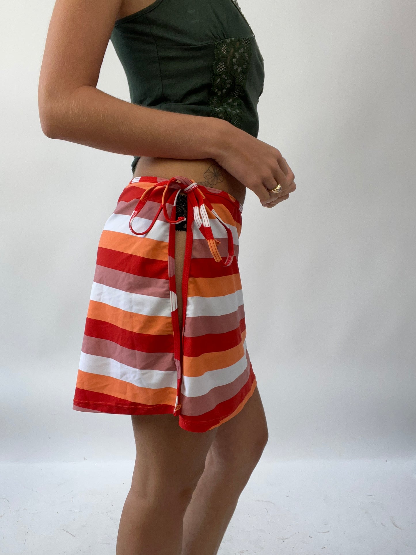 GIRLS TRIP DROP | medium orange white snd red striped wrap skirt