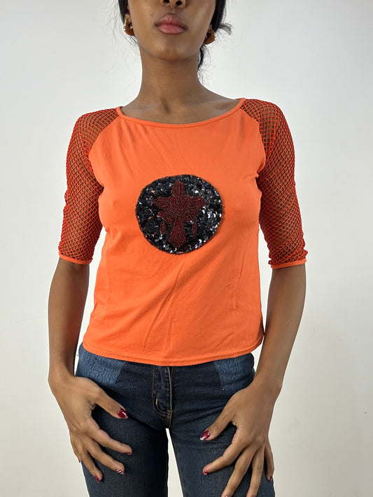 💻HIPPY CHIC DROP | medium orange 3/4 length sleeve top with sequin front and fishnet sleeves