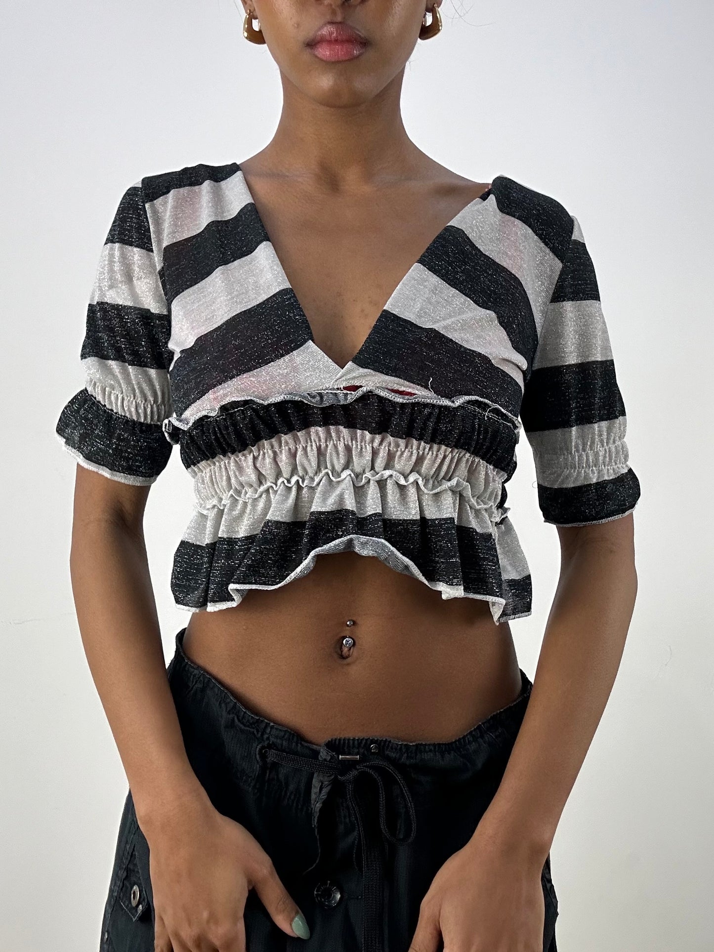 vintage edit: office siren | extra small black and grey stripy glittery crop top