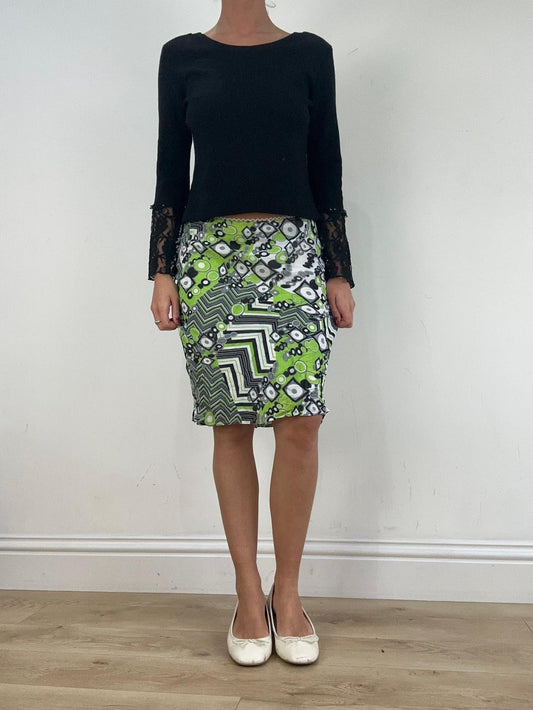 st patrick’s day | small black white and green abstract print midi skirt