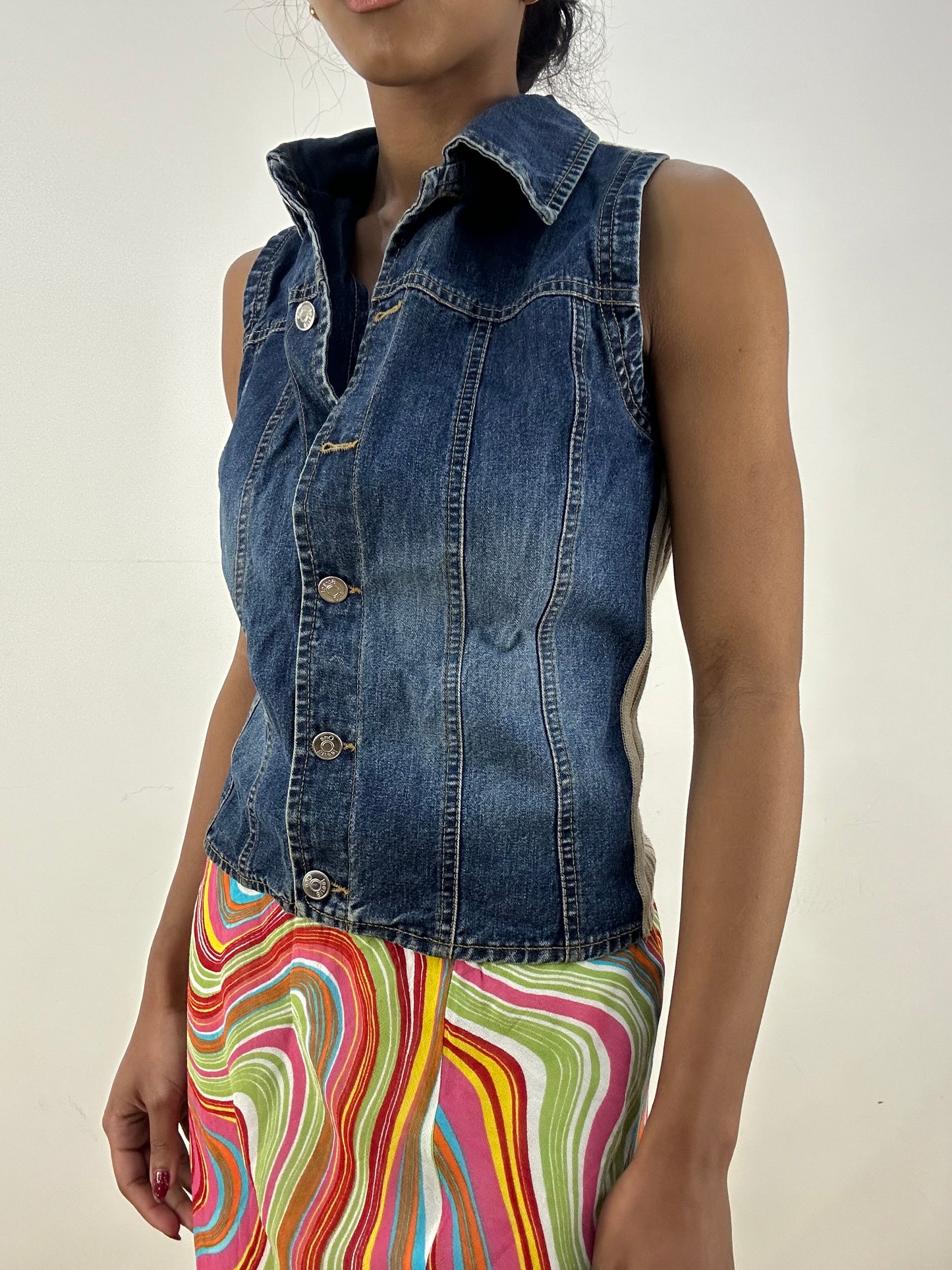 HIPPY CHIC DROP | medium denim waistcoat with knitted back