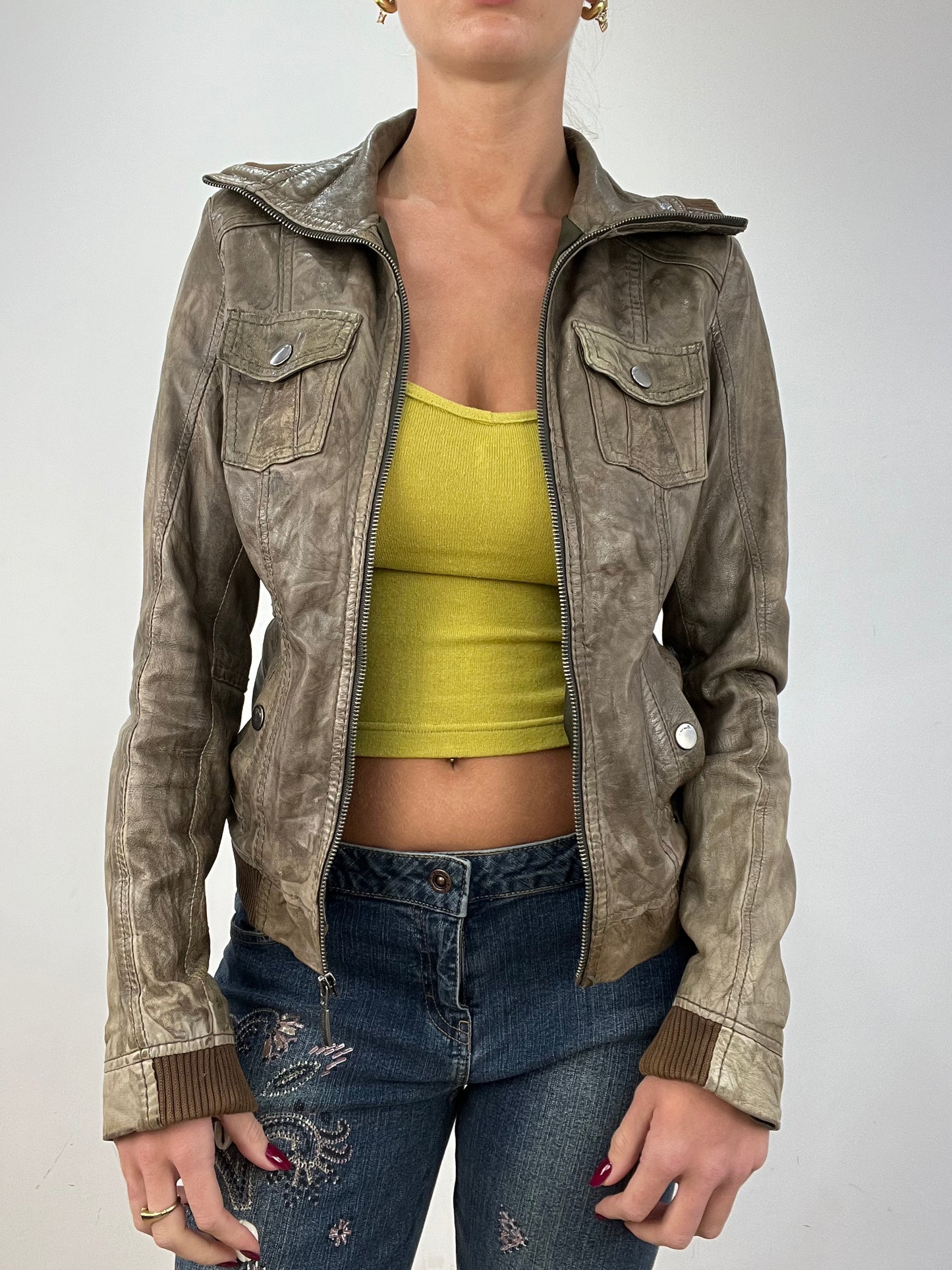 vintage edit twelve | medium grey real leather old bershka biker jacket