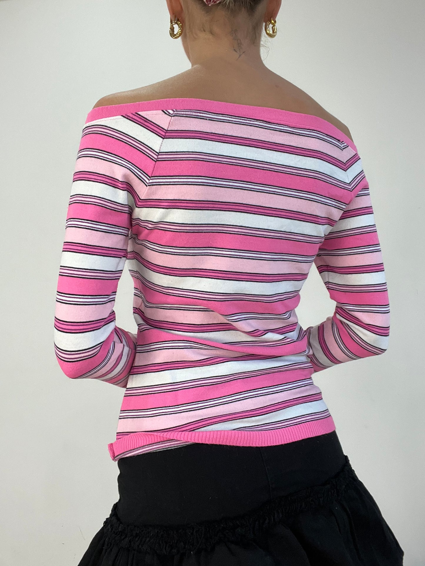 WINTER TRENDS | medium pink and white striped off the shoulder top