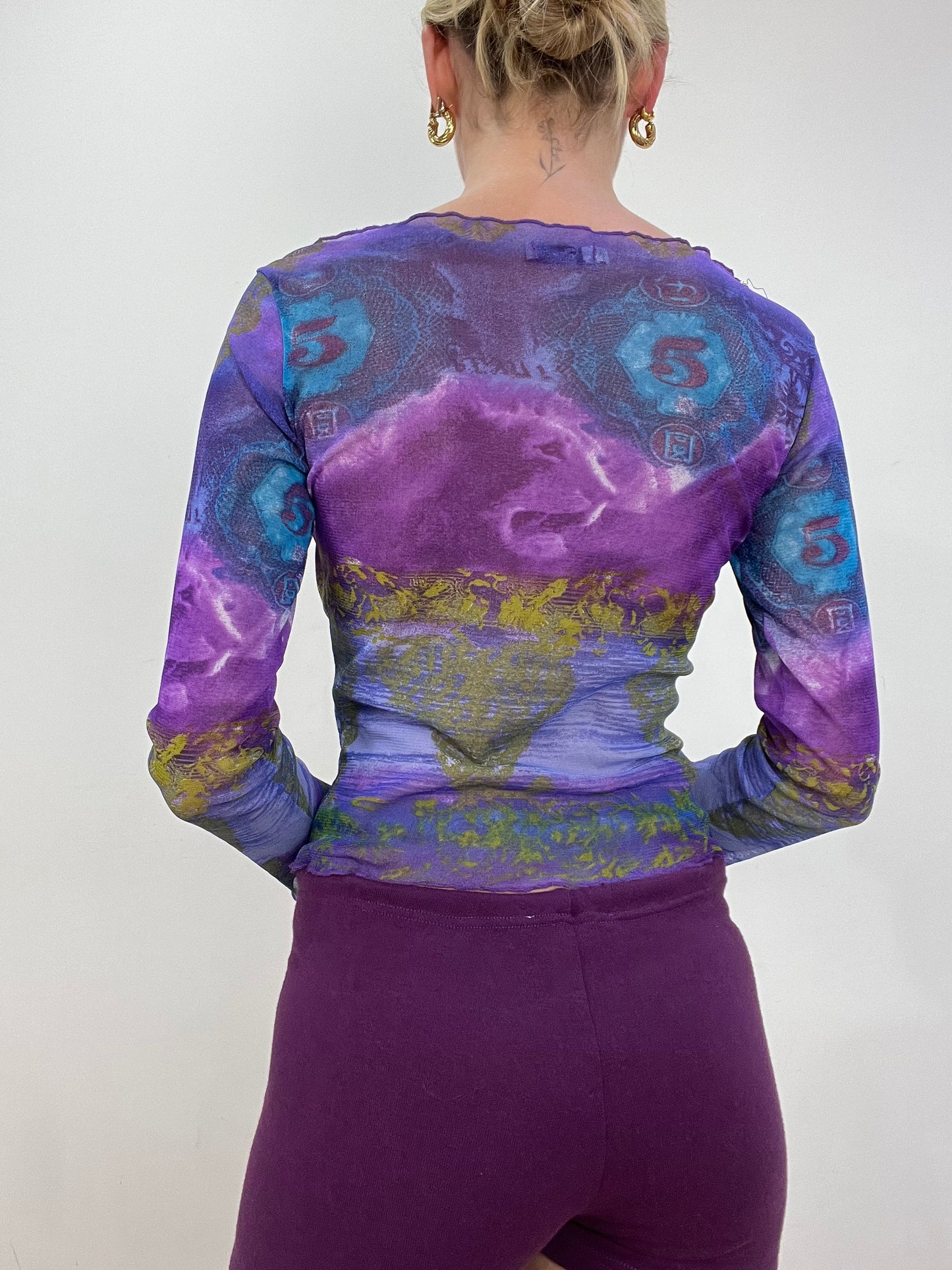 vintage edit nine | small purple graphic print mesh top