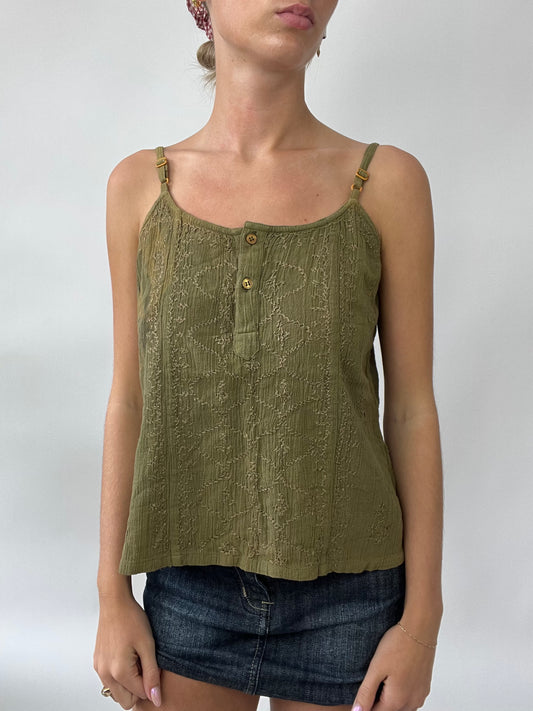 PUB GARDEN DROP | medium green linen cami with embroidery detail