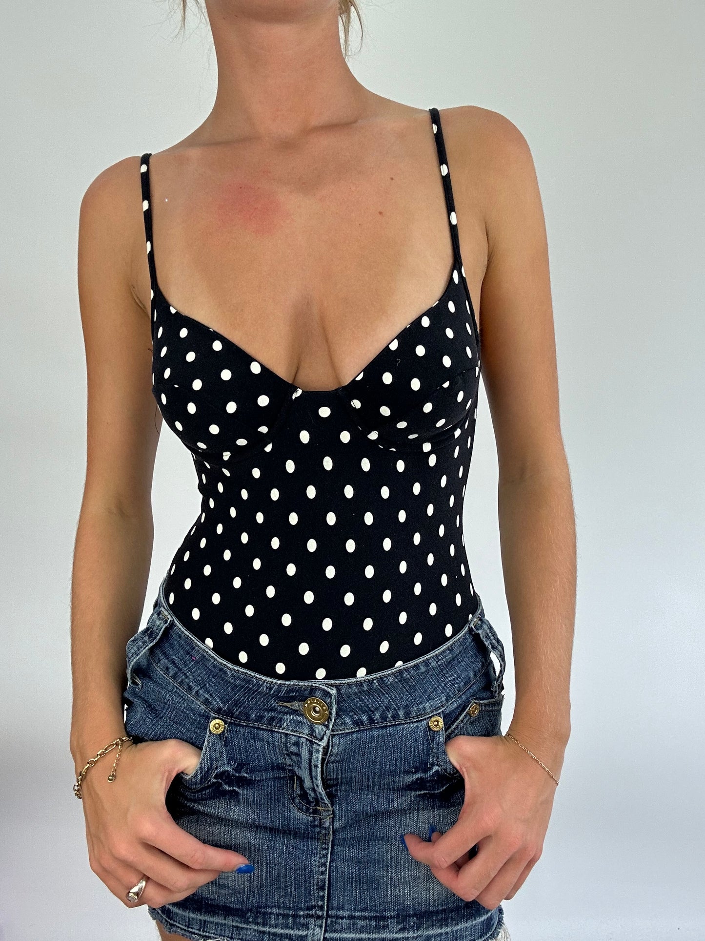 BRITISH SUMMER GIRL DROP | small black and white polka dot swimsuit with scoop back