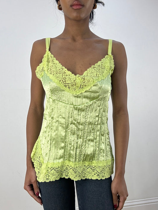 💻 HIPPY CHIC DROP | small green silky cami top with lace trim