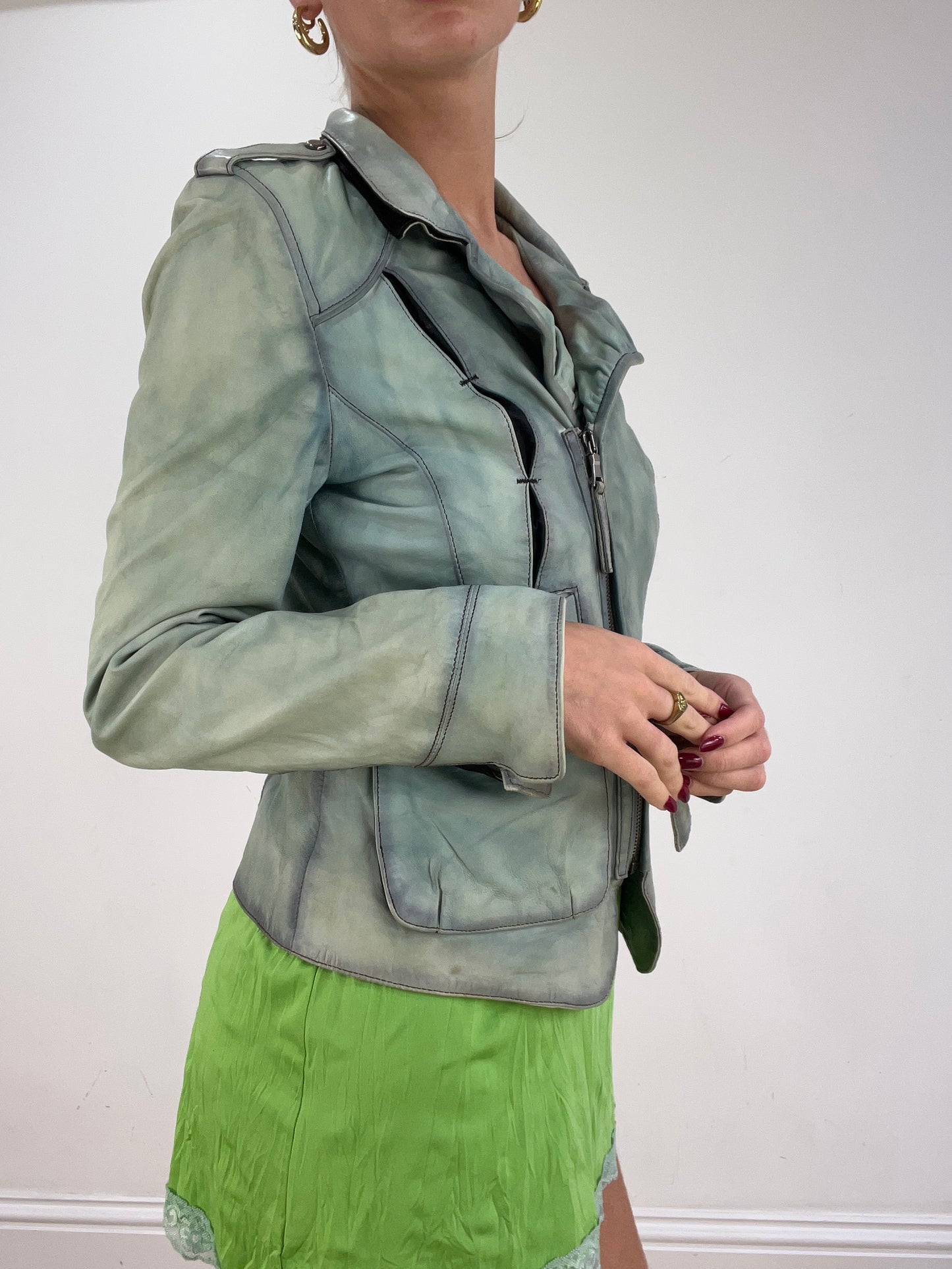 st patrick’s day | small green and white faux leather jacket