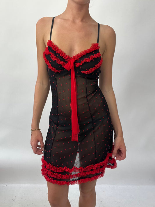 BRAT GIRL SUMMER DROP | small black sheer dress with red hearts and ruffles