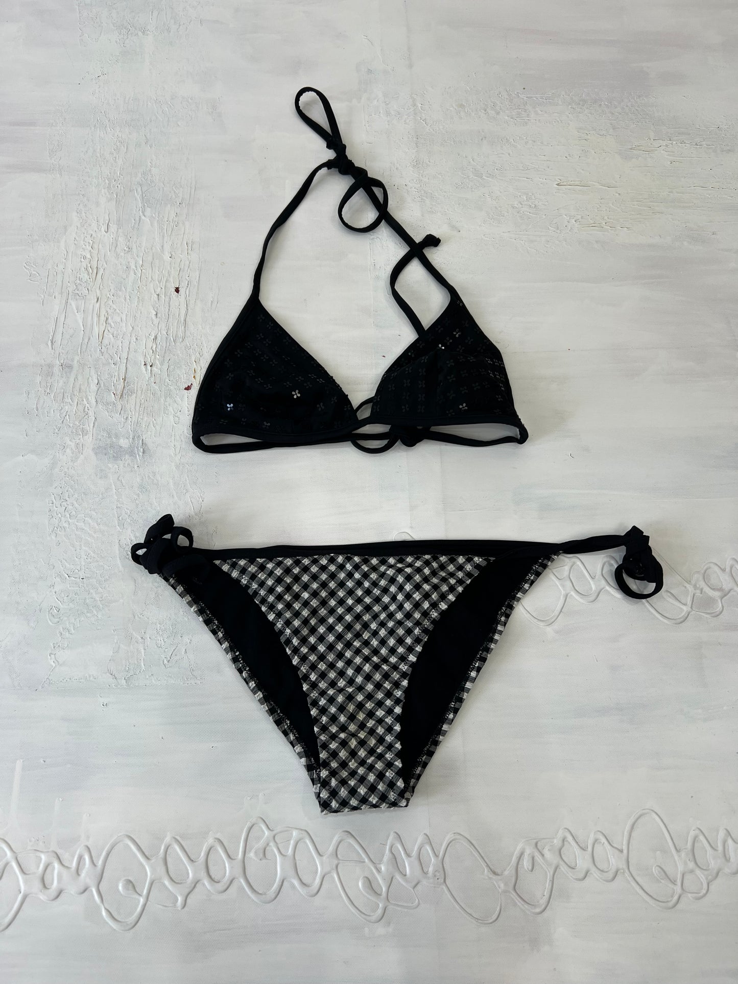 COASTAL COWGIRL DROP | small black bikini set with gingham bottoms and beaded detail on top