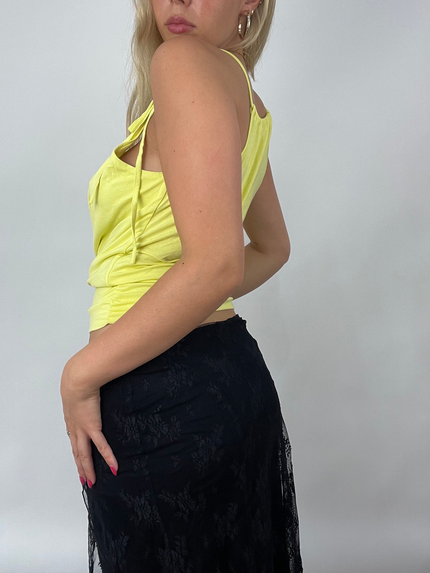 CITY BREAK DROP | small yellow wrap style top with tie straps