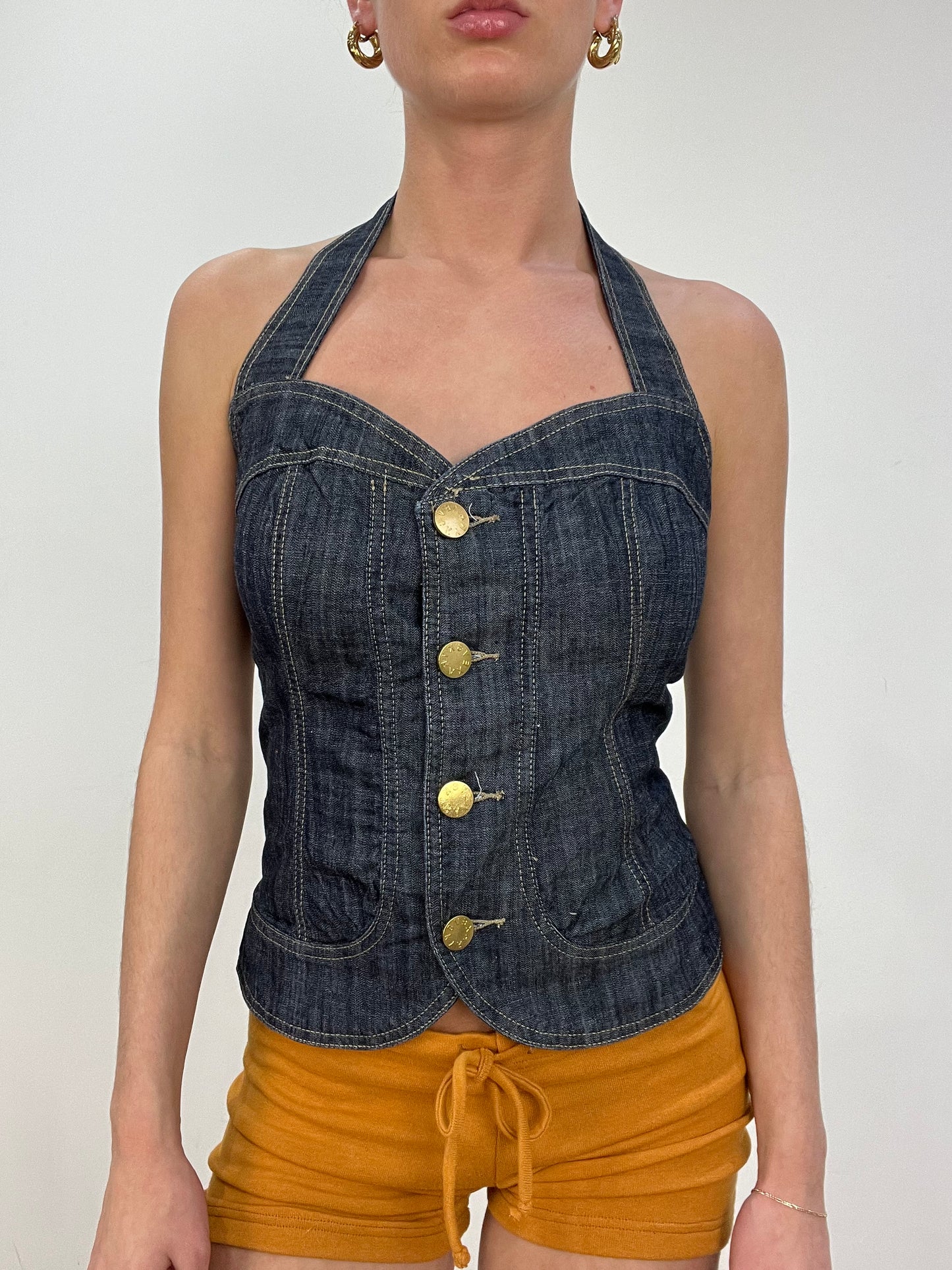 vintage edit nine | medium dark wash denim halter neck top