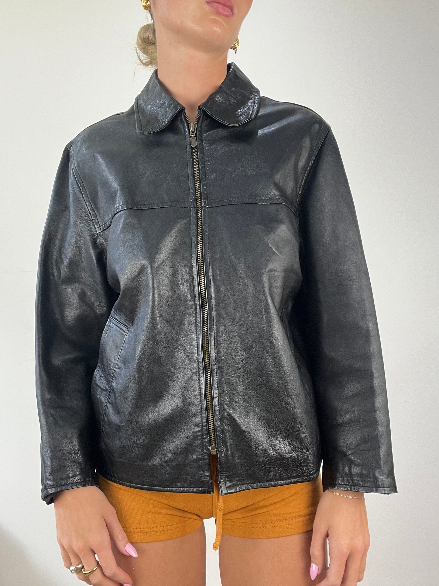 DINNER PARTY | medium black faux leather zip up jacket