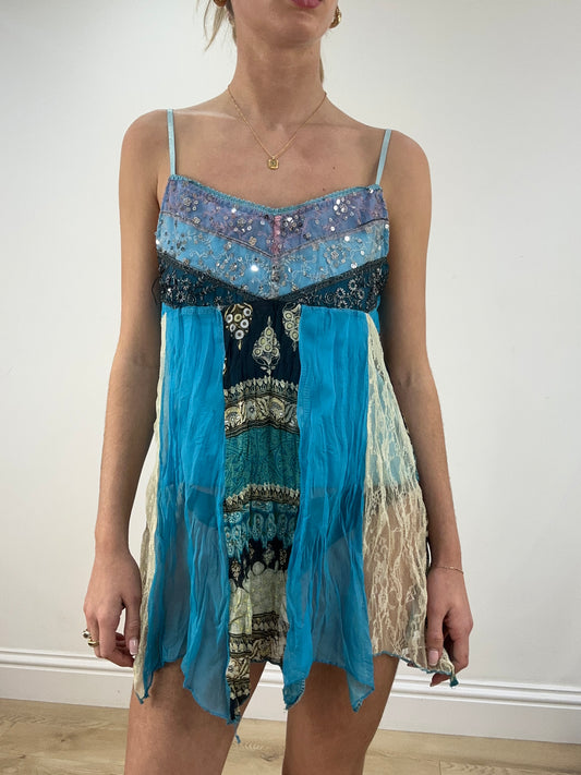 BEST PICKS | small blue lace and mesh abstract print dress