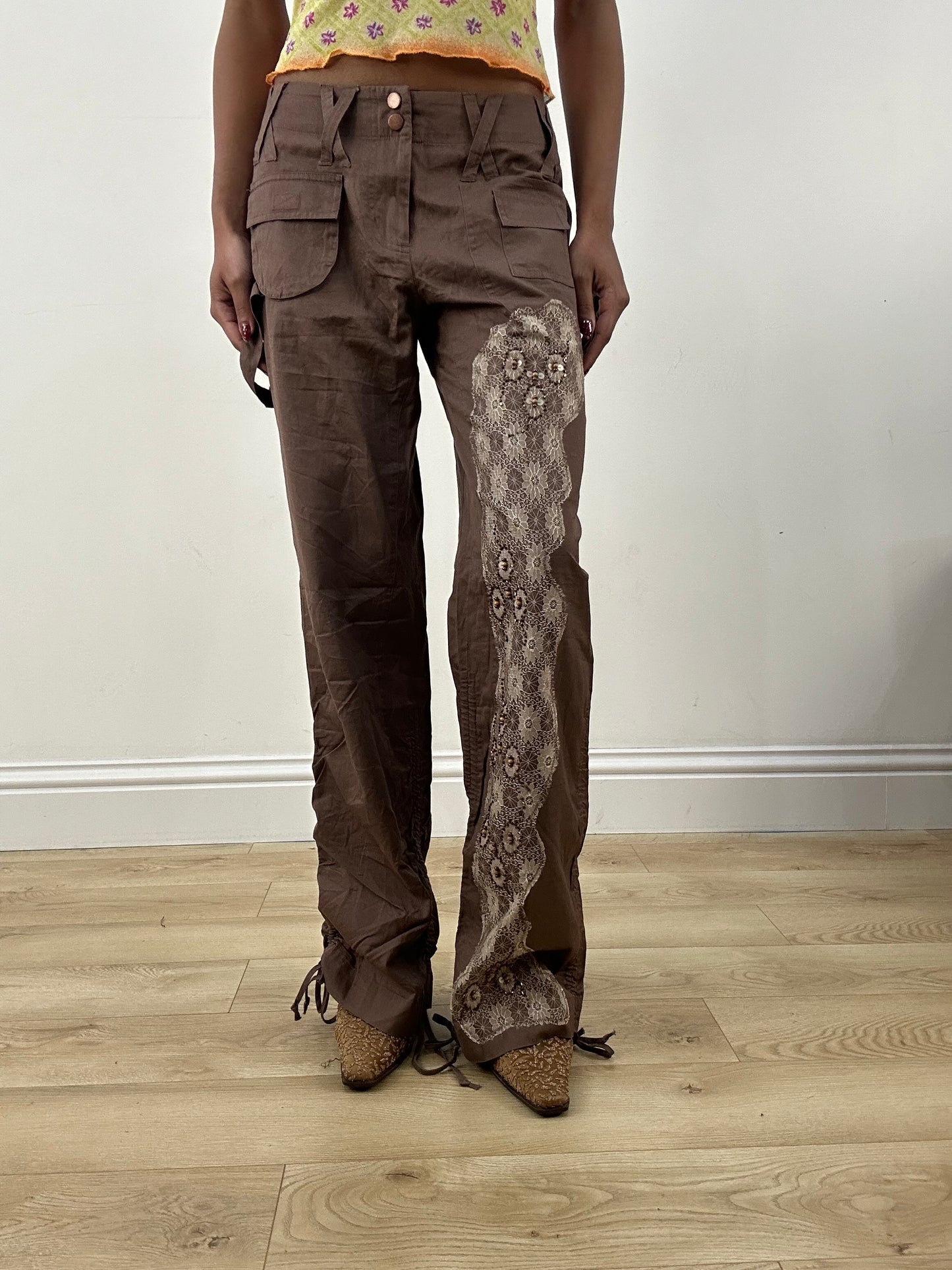 HIPPY CHIC DROP | small brown embroidered beaded cargo trousers