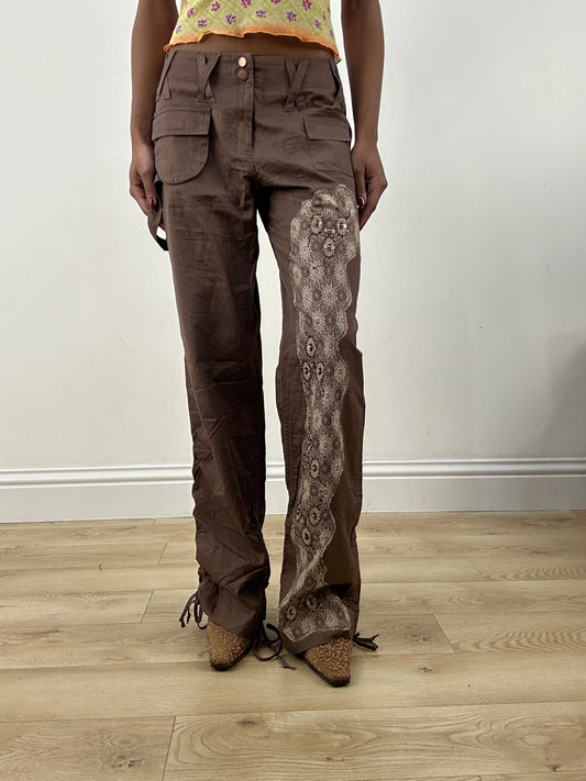 HIPPY CHIC DROP | small brown embroidered beaded cargo trousers