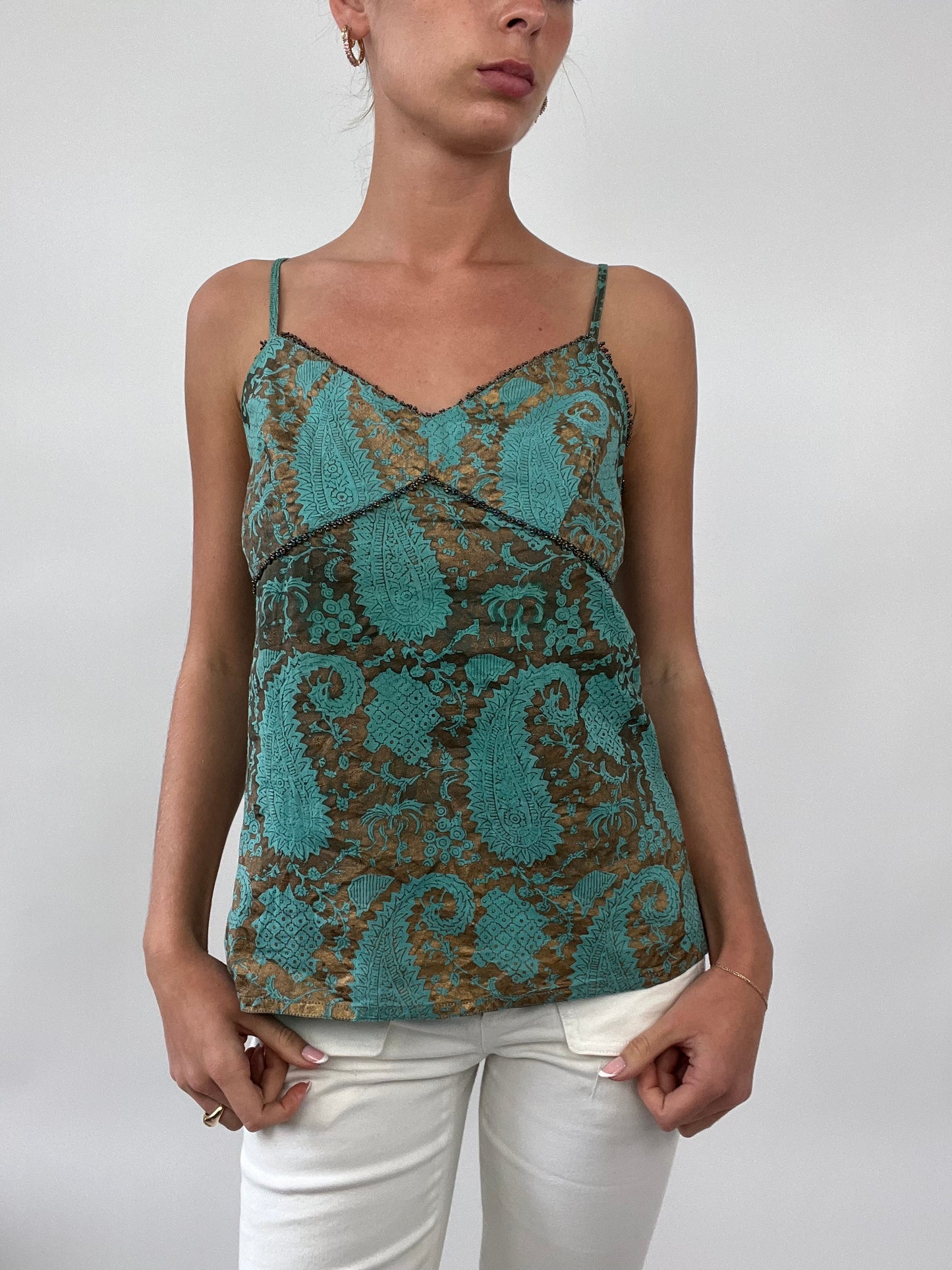 PALM BEACH DROP | small blue cami with brown paisley pattern