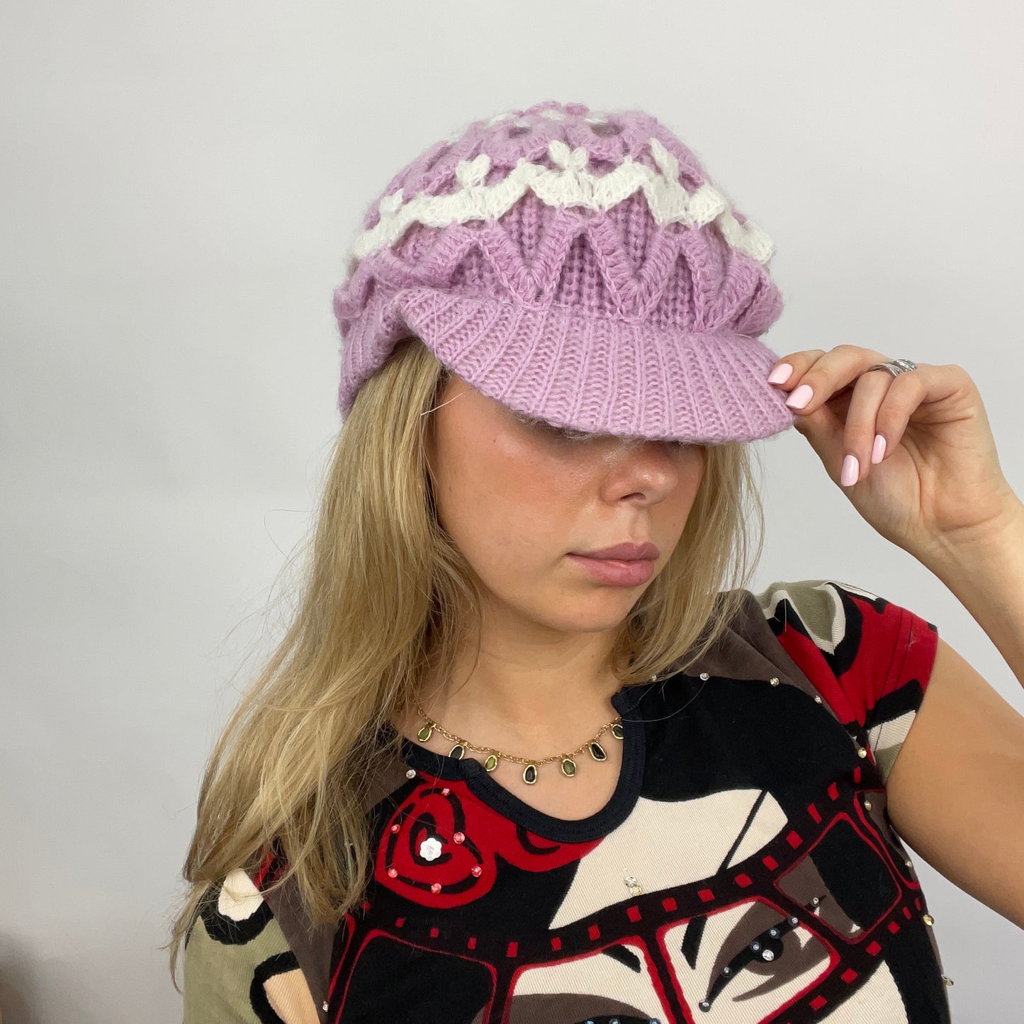 STUDIO FAVES | small purple and cream crochet baker boy style hat