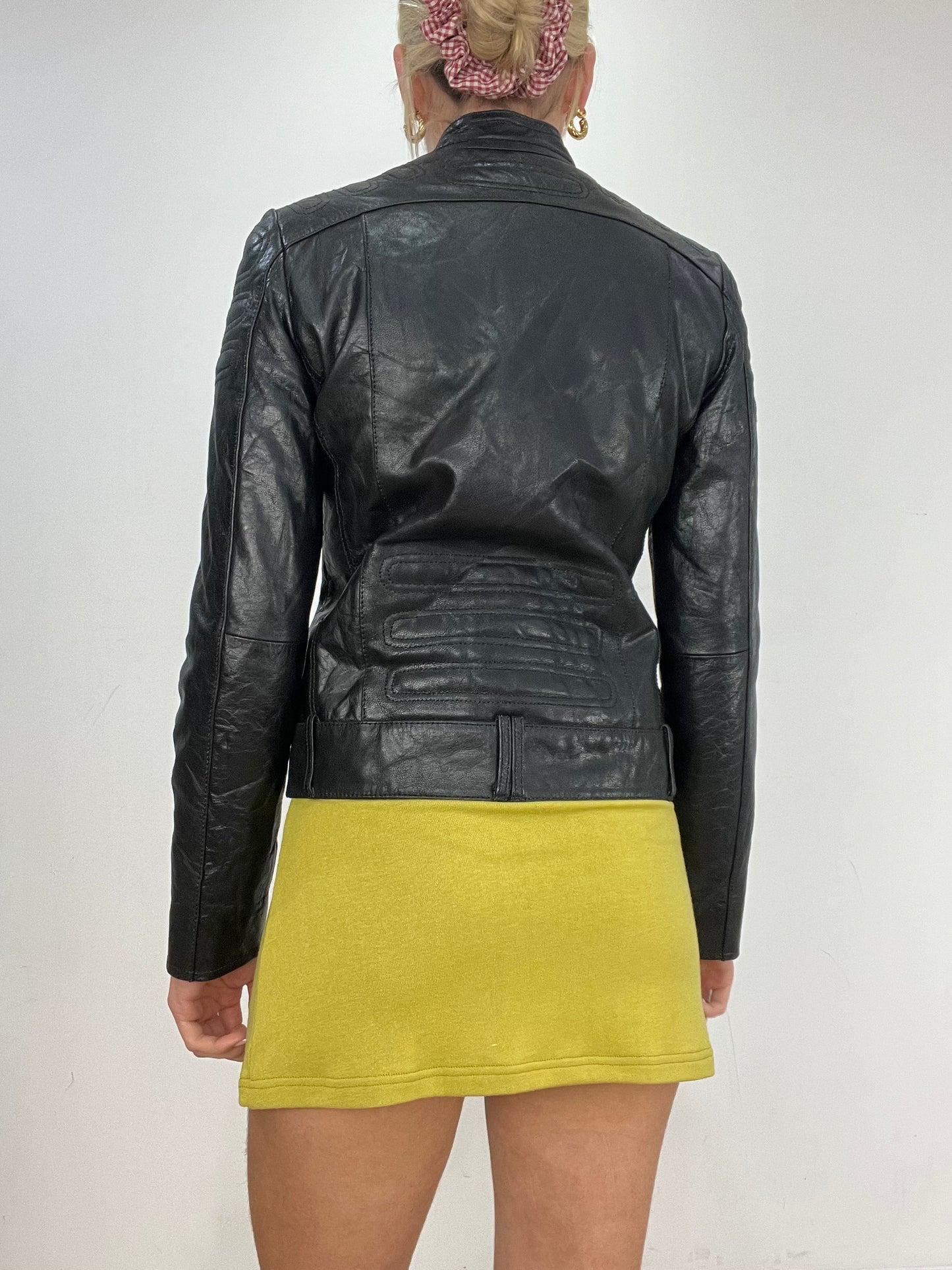 vintage edit five | small black leather zip up biker jacket