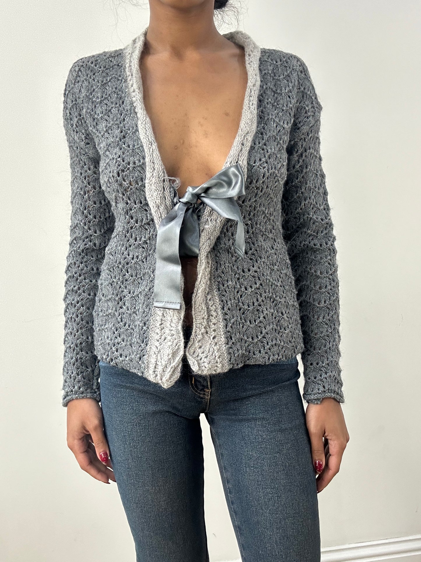 HIPPY CHIC DROP | medium grey knitted tie front cardigan