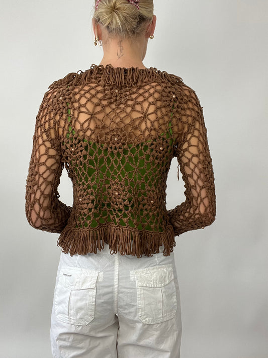 PUB GARDEN DROP | small brown crochet cardigan with frill detail