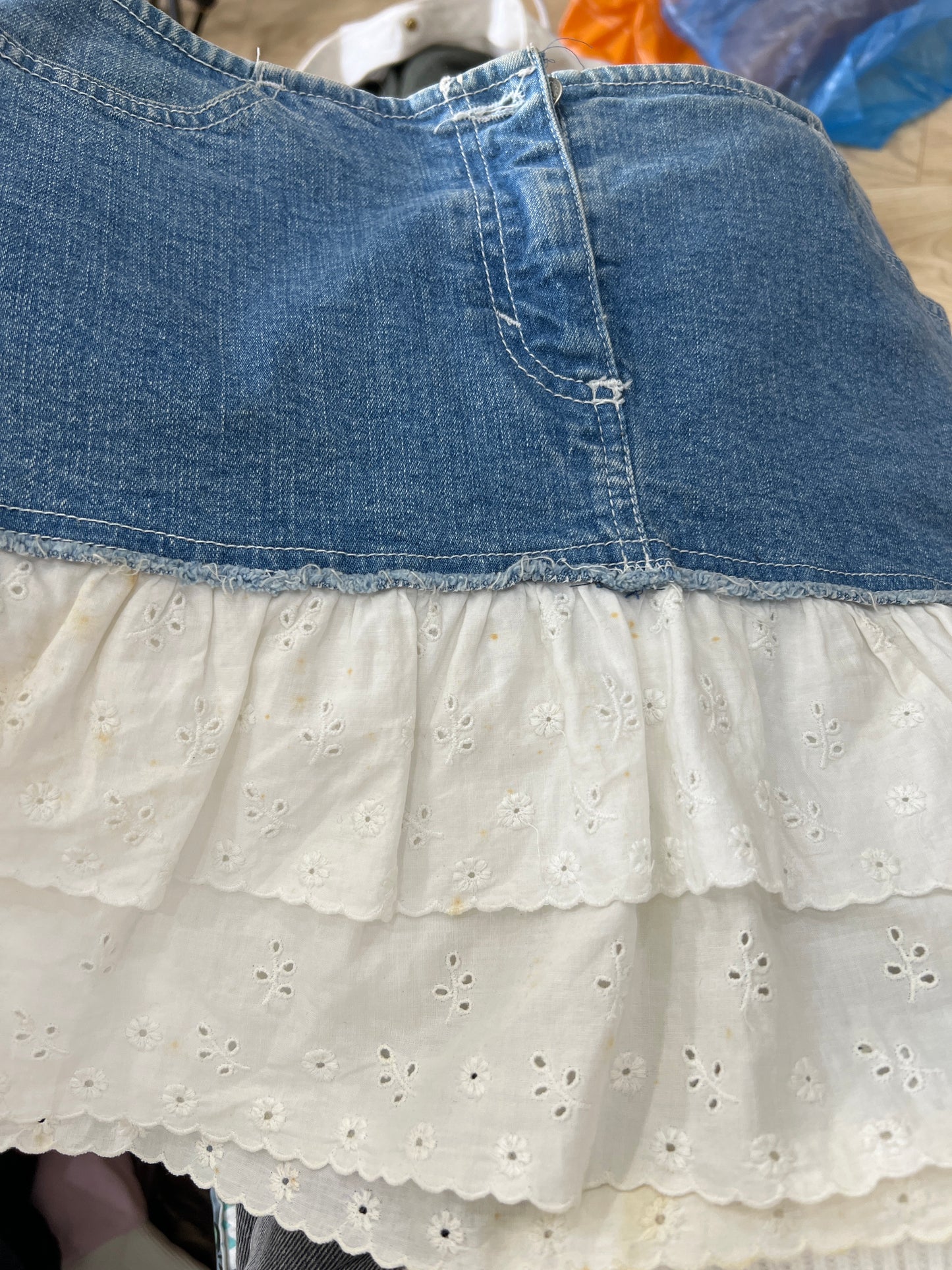 GIRLBAND DROP | small denim skirt with linen ruffle detail