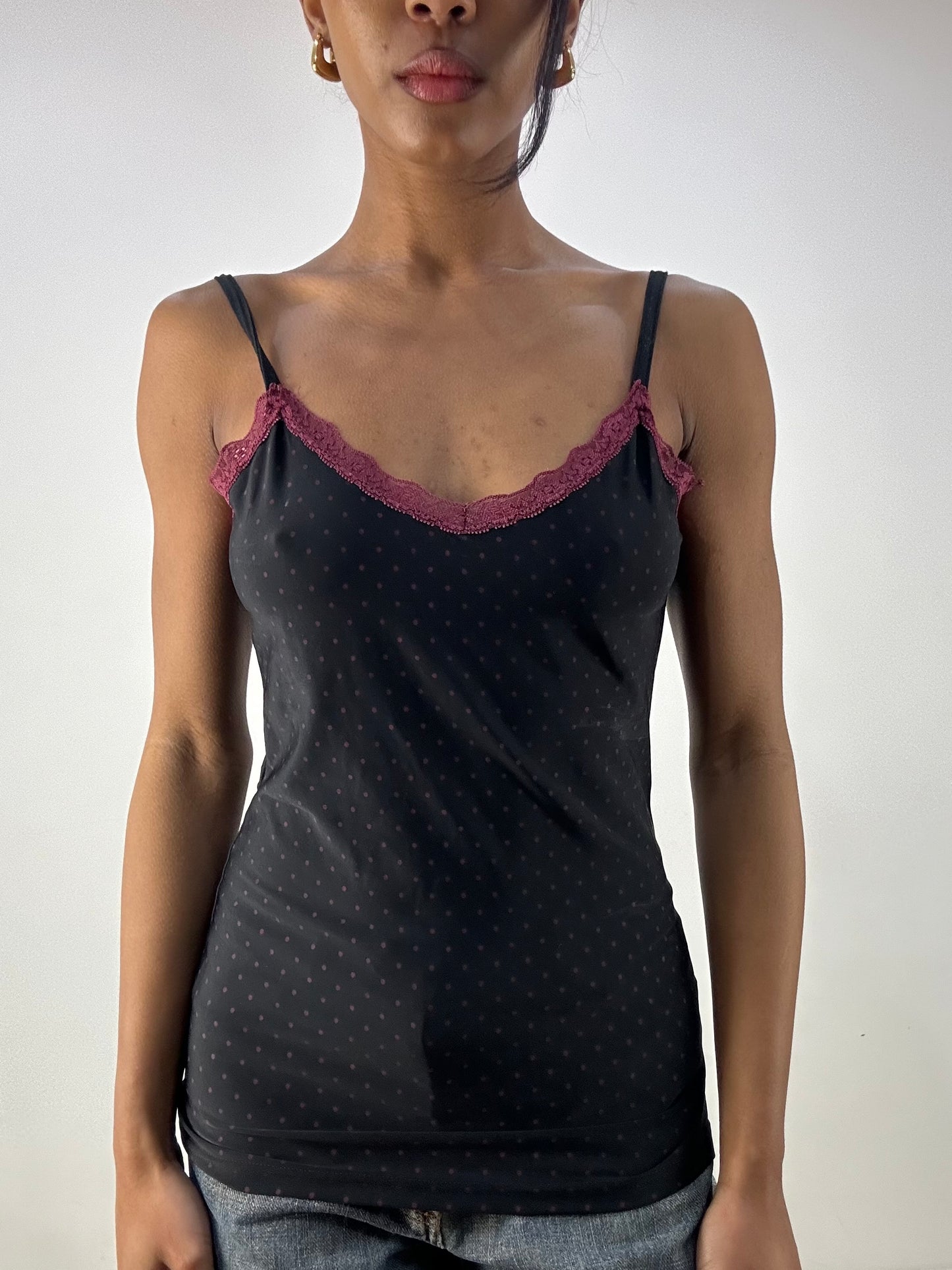 💻MOB WIFE DROP | small black and pink polka dot cami with lace trim