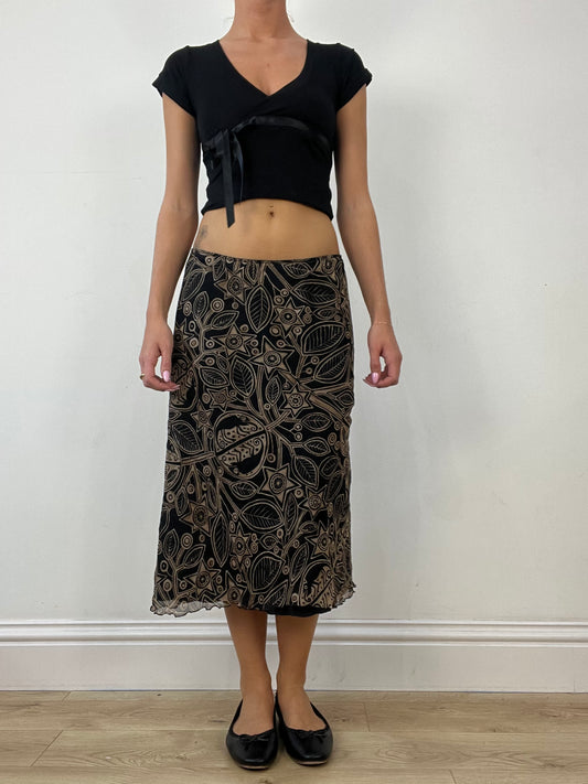 💻AUTUMN ESSENTIALS | medium black midi skirt with brown floral print