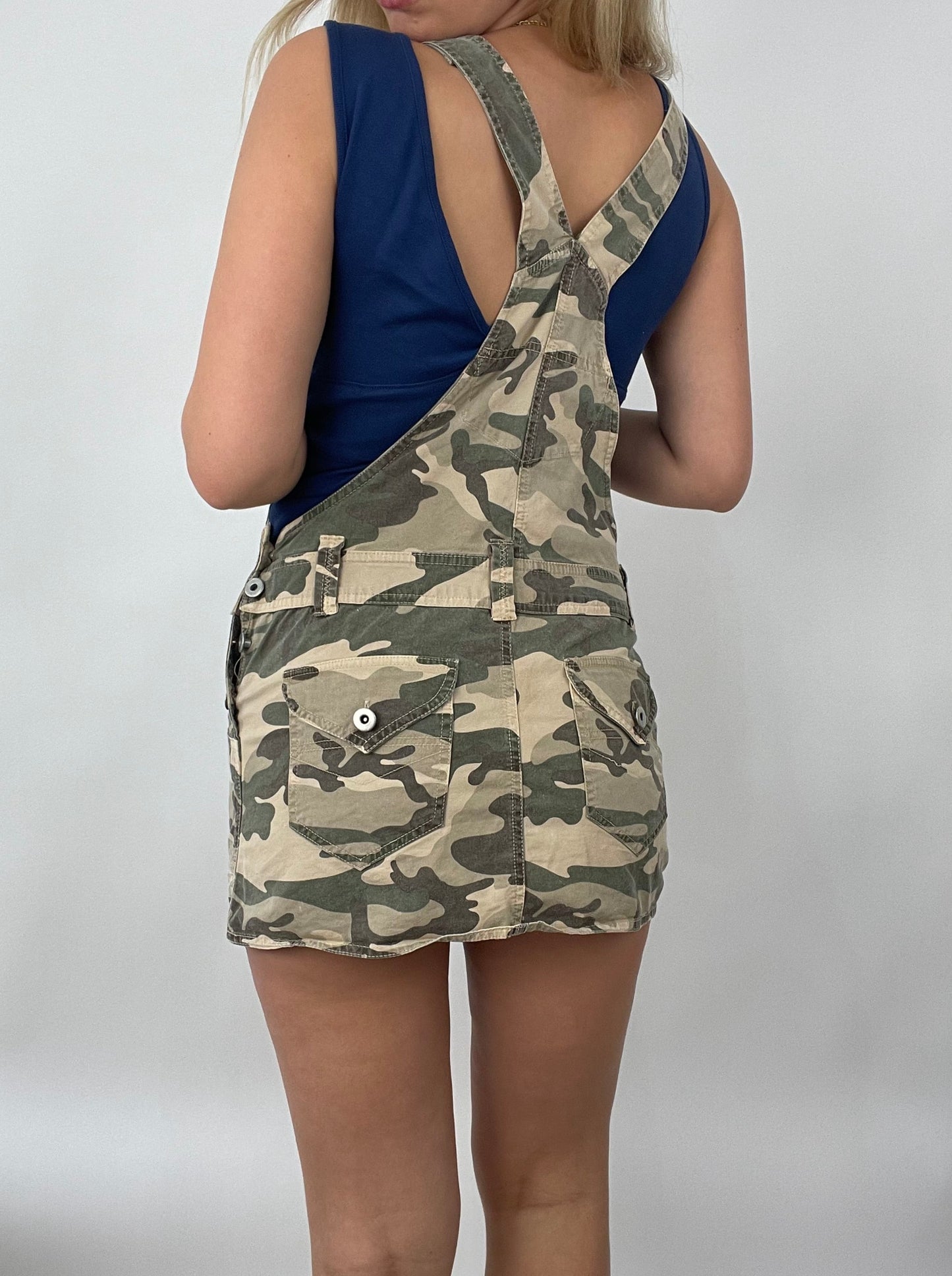 CITY BREAK DROP | medium camo print dungaree dress