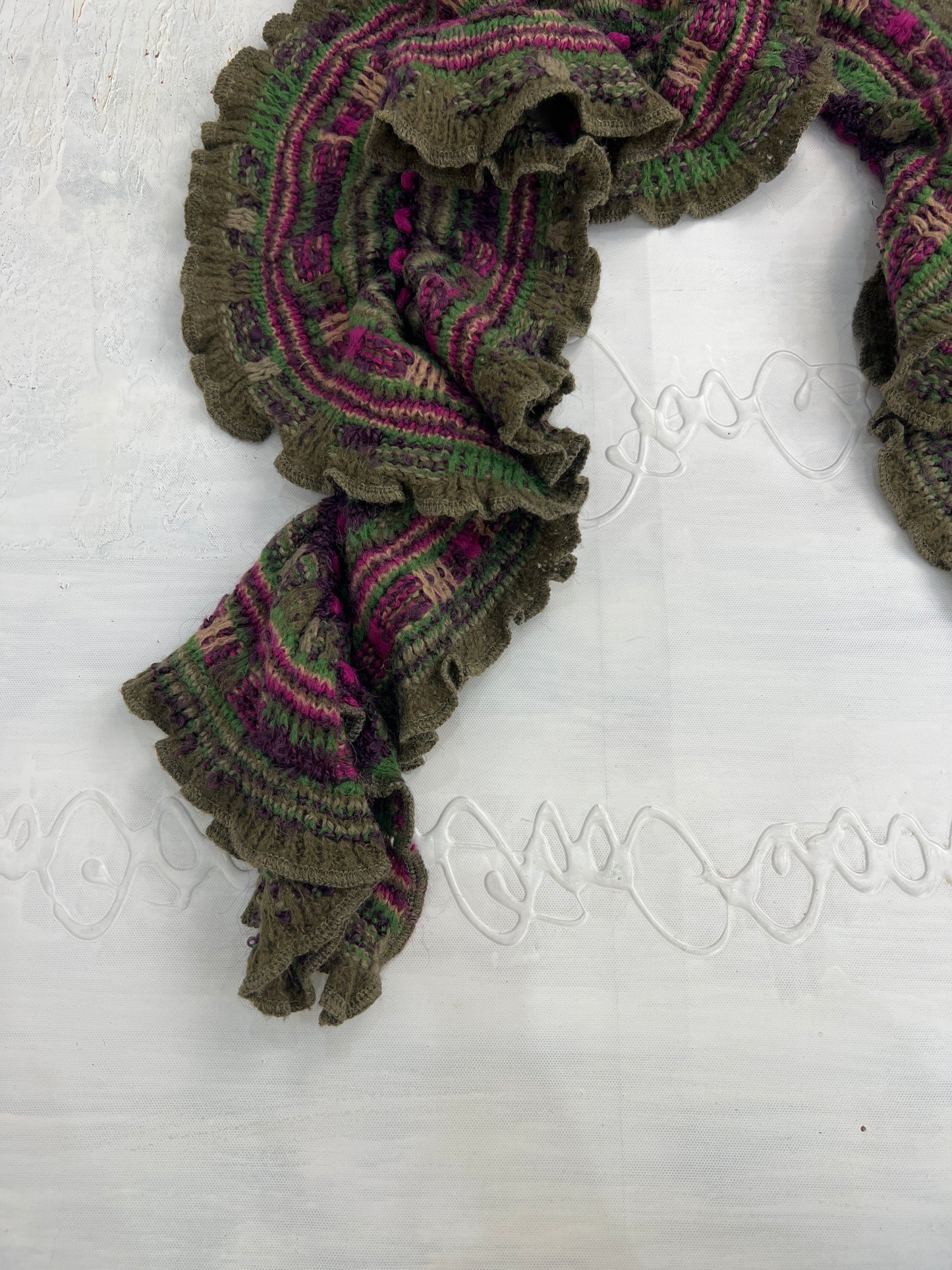 BONFIRE NIGHT | pink and green knitted ruffle scarf