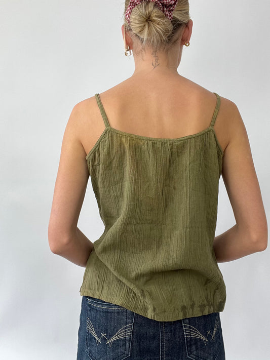 PUB GARDEN DROP | medium green linen cami with embroidery detail